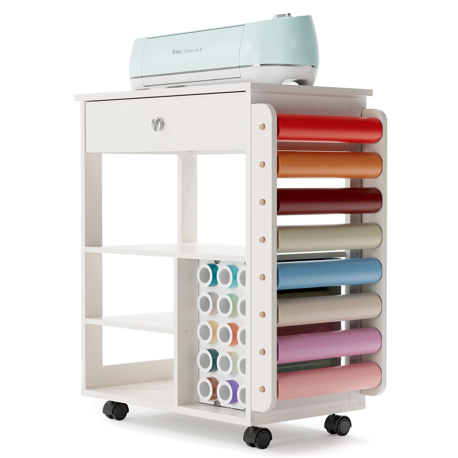 Organization and Storage Cart Compatible with Cricut Machines，Rolling Craft  Storage Removable Vinyl Holders and Drawer, Crafting Desk with Storage for